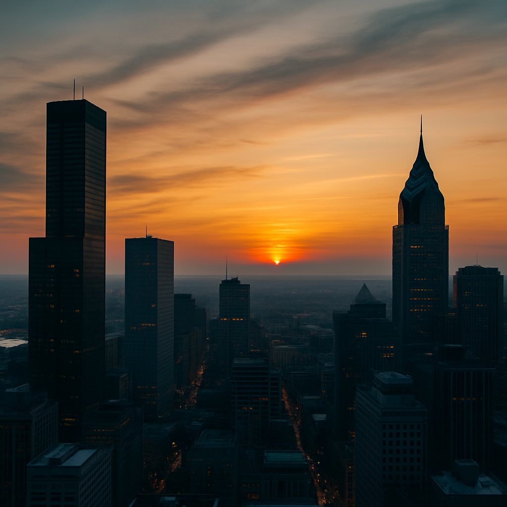 City skyline at sunset